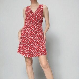Free People Walk Me Home Bird-Print Red and White V-Neck Mini Dress 4